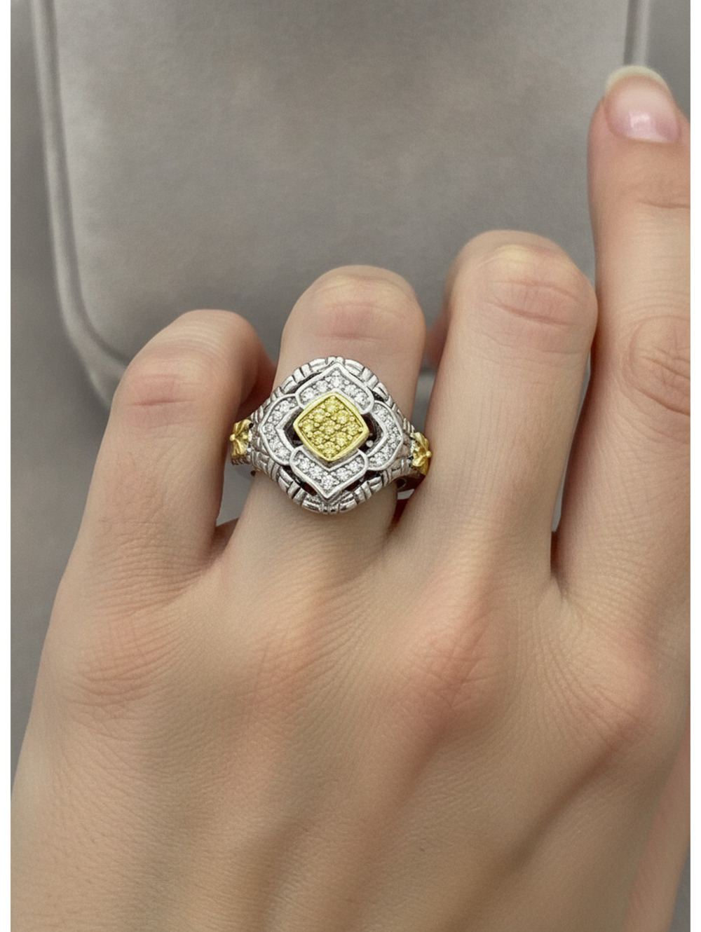 Philip Andre 18K & Sterling Designer White and Yellow Diamond Ring size 6 1/2